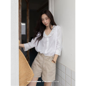 VNOOK | Áo Sọc Dây Ren Cổ U Dáng Rộng Nhẹ Nhàng Elegance Tay 3/4