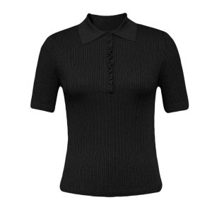 Ouomaish Womens Slim Fit Polo Neck Shiny Thread Knitwear Short Sleeve T-Shirt Casual Style Fashionable Autumn New Arrival