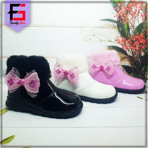 Sepatu Boots Bulu Anak Perempuan Pita Cute / Sepatu Boots Resleting Anak Balita Cewek Fashion Trendy
