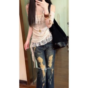 YUEZHONGWEI | French Style One Shoulder Lace Trim Short Sleeve T-Shirt Women Summer Pure Desire Spicy Girl Lace Halter Top Two Piece Set