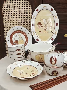 Mewah & Selamat Set Pinggan Mangkuk Warna Bawah Glasur Corak Arnab Mudah Dicuci Dapur  dinner wedding microwave Rice Soup Ceramic Porcelain Keramik Bowl Plate Hepburn Rabbit  Doorgift High-Fired Underglaze Tableware Safe gifts  ceramic