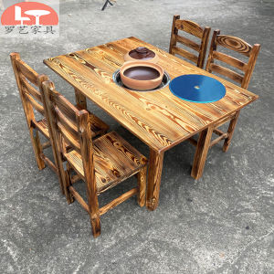 Solid Wood Sunken Electric Ceramic Stove Hot Pot Table Sand Pot Guang Style Chicken Old Hot Pot Rectangular Table And Chairs Benches Combination Carbon Roasted Wood