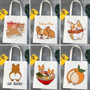 Corgi Dog Cartoon Funny Shopping Bag Graphic Tote Handbag Harajuku Shopper Bag for Women Eco Large-capacity Female Shoulder Bag