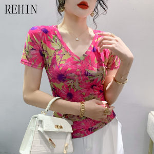 Rehin mùa hè thời trang lưới ngắn tay in Họa Tiết Áo Phông Cổ Chữ V ôm vừa S-3XL thanh lịch phong cách Hàn Quốc hợp thời trang của phụ nữ hàng đầu