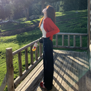 High Waist Straight Leg Deep Blue Jeans Womens Loose Slimming Long Trousers Floor-Length Pants for Tall Women 175cm