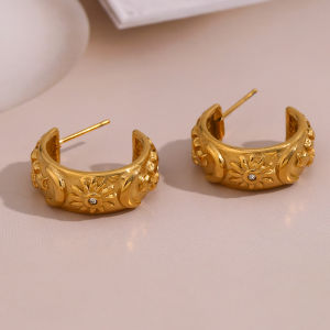 E.B.belle Thick Embossed Moon Sun Star Pattern Chunky Hoop Earrings For Female Women Statement Earring Stainless Steel Jewelry