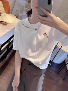 Áo Thun Cotton Cổ Tròn Tay Ngắn Một Nút Mùa Hè Cho Nữ Dáng Rộng Thoải Mái in Họa Tiết Hoạt Hình Phong Cách Hàn Quốc