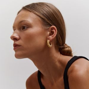 Stainless Steel Hoop Earrings Striped Pleated Texture 18K Gold PVD Plated C Shape Earrings Charm Fashion Wedding Party Jewelry