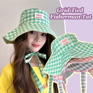 หมวกแก๊ปป้องกันแสงแดดในฤดูร้อนสำหรับผู้หญิงลายสก๊อตหมวกชาวประมงหมวกทรงถังสองด้านที่ใส่สไตล์เกาหลี