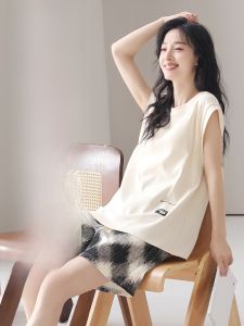 MiiOW | Áo ngủ cotton nguyên chất mùa hè không tay có đệm ngực Áo vest và quần short cho nữ MiiOW Cat Person Bộ đồ mặc nhà thoáng khí