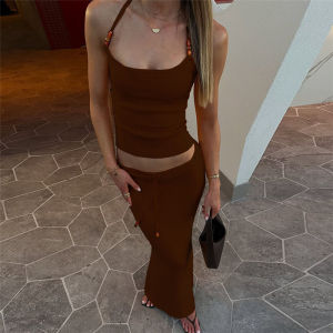 Bộ Áo Vest Ngắn Cổ Treo Ôm Vừa Vặn Váy Nửa Thân Mùa Thu Thường Ngày Bằng PU Không Thương Hiệu Thời Trang Nữ