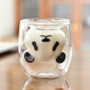 Double Layer Crystal Glass Cup Creative Cute Cartoon Panda Cup Heat Resistant Milk Cup Penguin Bottle Bear Cake Towel
