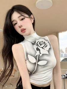 เสื้อกั๊กแขนกุดคอสูงแบบสั้นพิมพ์ลายดอกกุหลาบสไตล์จีนใหม่สำหรับผู้หญิงในช่วงฤดูร้อน เสื้อคลุมกันหนาวทรงสลิมฟิตระดับไฮเอนด์