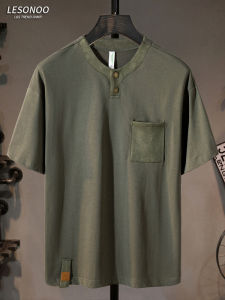 LIANSENNIAO | High-quality Military Green Short Sleeve T-Shirt With Pocket And Henley Collar