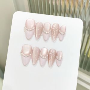 10Pcs Handmade Press on Nails Full Cover Pink Cat eye Design French Almond False Nails Artificial Wearable Manicure Nail Tips Ar