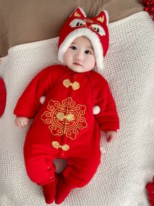 Red New Year Baby Romper Suit Celebratory Full Moon Three Month One Hundred Day One Hundred Years Old Baby Autumn Winter Onesie