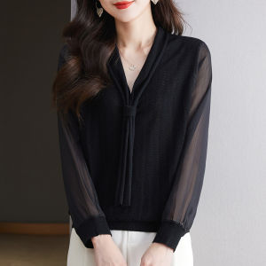 plus Size Silk Hollow out V-Neck Knitwear Slimming Belly Cover Fashionable Ice Silk Long Sleeve Crew Neck Pullover Korean Style