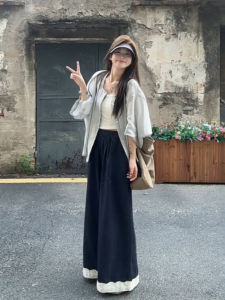 Summer Fashion plus Size Beautiful Grey Sun Protection Shirt with Lace Wide Leg Pants Breathable Casual Style Women Set