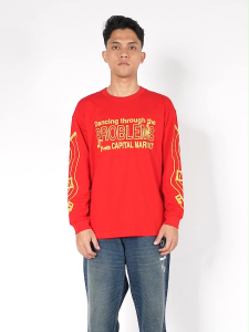 Capmart Kaos Pria Lengan Panjang Oversized Fit Katun Music Red 071224