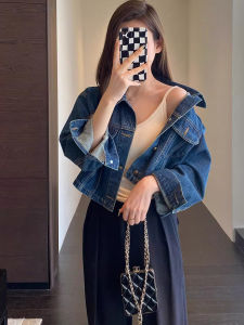 Retro Hong Kong Style Short Denim Jacket Womens Elegant Slimming Long Sleeve Top Casual Versatile Autumn Outerwear
