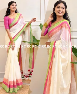 Onam Kerala Sarees- Pure 120 count Mul Mul cotton jari weaving saree with running blouse