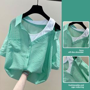 WANGGONGZHU | Princess Style Summer 2022 Womens Loose Fit Stripe Patterned Shoulder Bared Short Sleeve Chiffon Shirt Korean Commute Style
