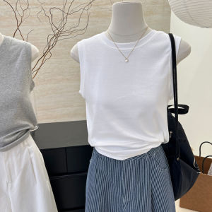 Summer 2025 Korean Style round Neck Slim Fit Short Tank Top Womens Sleeveless Strap Base Shirt Commute Style Solid Color