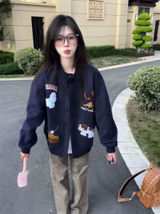 American Style Fun Dog Towel Embroidered Jacket Womens Spring Autumn Loose Casual Open Cardigan Dark Blue Baseball Jacket Top