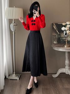 Red Chinese Style Womens Fashion Set with Long Sleeve Top And Half Skirt Two-Piece Suit Autumn Winter New Arrival Premium Feeling