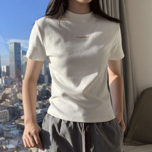 White Slim Fit Short Sleeve T-Shirt Womens Summer New Style Simple Printed Stand Collar Top Korean Style Commute Fashion