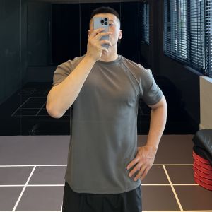 Patched Ribbed Stretchy Slim Fit Short Sleeve Mens Training T-Shirt