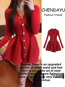 CHENDAYU | New Years Elegance High-Quality V-Neck Red Knit A-Line Waist-Slimming Mini Dress