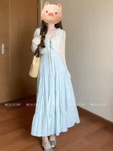 Blue French Style Square Collar Maxi Dress Womens Gentle Waist Cinching Slimming Long Dress A-Line Silhouette Sleeveless High Waist