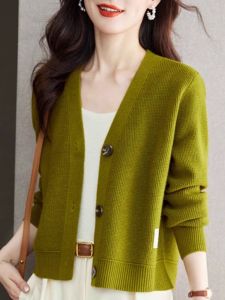 ฤดูใบไม้ผลิ ฤดูใบไม้ร่วง สั้น คอวี เสื้อคาร์ดิแกนแคชเมียร์ ผู้หญิง ถักสีบริสุทธิ์ หลวม แจ๊กเก็ตแขนยาว หลากหลาย เปิดด้านหน้า เสื้อสเวตเตอร์