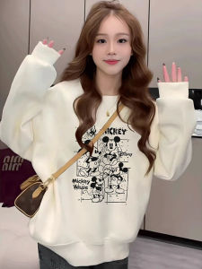 White round Neck Sweatshirt Womens Spring Autumn New Cartoon Mickey Mouse Print Casual Loose Fashion Anti-aging Top