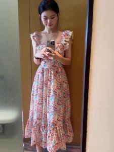 ชุดเดรสยาวแขนกุดลายดอกไม้สไตล์ฝรั่งเศสสำหรับผู้หญิงในช่วงฤดูร้อนที่ชายหาด ชุดนางฟ้าเอวสูงกระโปรงทรงเอ