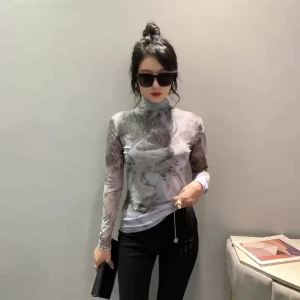 AMMIN 2024 Autumns new simple round neck fashion smudging print Plus size long sleeve T-shirt Womans Korean version vintage landscape print elegant blouse