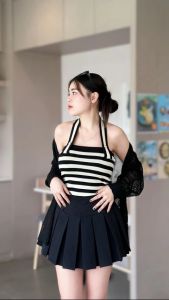 ชุดเซ็ต SpinnyHouse 2 ชิ้น เสื้อสายเดี่ยวผ้าไหมพรมยืด+เสื้อคลุมถักรู สาวอวบใส่ได้, รุ่น ลำใย, สีสวย สวยที่สุด