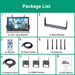 10.1 Inch Digital Wireless Quad Monitor 4CH DVR 1080P AHD Reversing Camera 18 IR LEDs 12V-24V Night Vision for Truck Bus Trailer