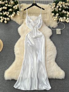 Elegant White Ladys Gown for Women Summer Style French Golden Tone Midi Dress with Sling Feature Sleeveless Satin Skirt