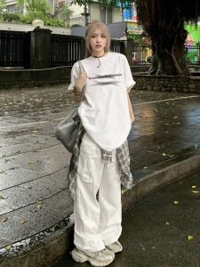 American High Street Womens White Short Sleeve T-Shirt Heavyweight Summer Loose Lazy Style Pure Cotton Half Sleeve Top