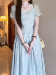 French Gentle Style Beautiful Simple Long Dress Summer High Waist Short Sleeve Pure Color A-Line Skirt Unique Elegant Unique