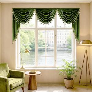 Vintage Dark Green Velvet Swag Valance Tassel Bead Trim Window Pelmet Luxury Decorative Curtain Topper for Villa Bay Window