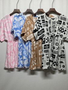 Summer New Fashion Korean Print V-neck Short Sleeve Womens Dress Slimming Waist High Waist A-line Skirt Cotton Blend