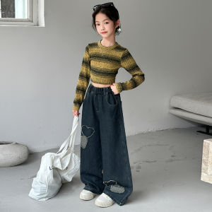 Fashionable Short Sleeve Long Shirt for Girls Spring Autumn Season Knitted Top Childrens Clothing Casual Slim Fit round Neck