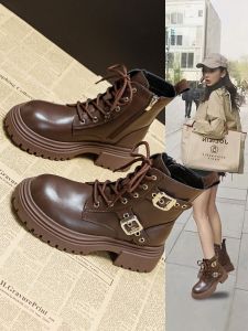 LANKAMO | รองเท้าบูทมาร์ตินหนังแท้สำหรับผู้หญิง ฤดูใบไม้ผลิและฤดูใบไม้ร่วง รองเท้าบูทสั้นทรงย้อนยุค ส้นหนา สไตล์อังกฤษ รองเท้าบูทมอเตอร์ไซค์