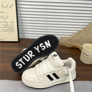 Spring 2025 Womens Creamy Thick Bottom Sneakers Versatile Sporty Casual Board Shoes round Toe Rubber Outsole mid Heel