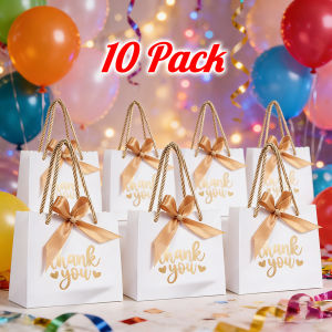 10Pack Small Thank You Gift Bags with Handles 5.5x2.48x4.75 Inch Mini White Gift Bags with Bow Ribbon Tiny Party Favor Bag Bul