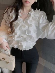 French Court Style V-Neck Shirt Womens Unique Wooden Edge White Top Bottoming Shirt for Autumn Versatile Short Sleeve Long Shirt