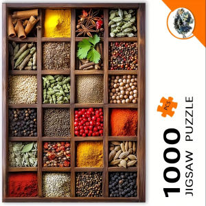 1000pcs Jigsaw Puzzle & Spice Box Combination - White Rectangle Design with Vivid Spice Art Portable Adult DIY Hobbyist Puzzle